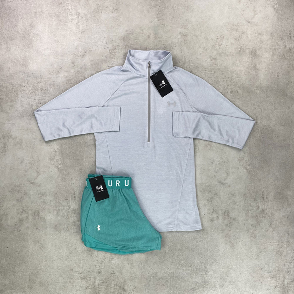 un arm half zip/ play shorts halo grey/ aqua green set grey women’s