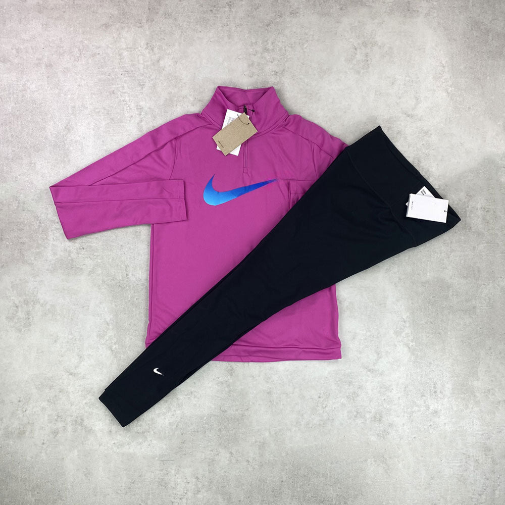 nke swoosh half zip/ leggings pink/ black set women's